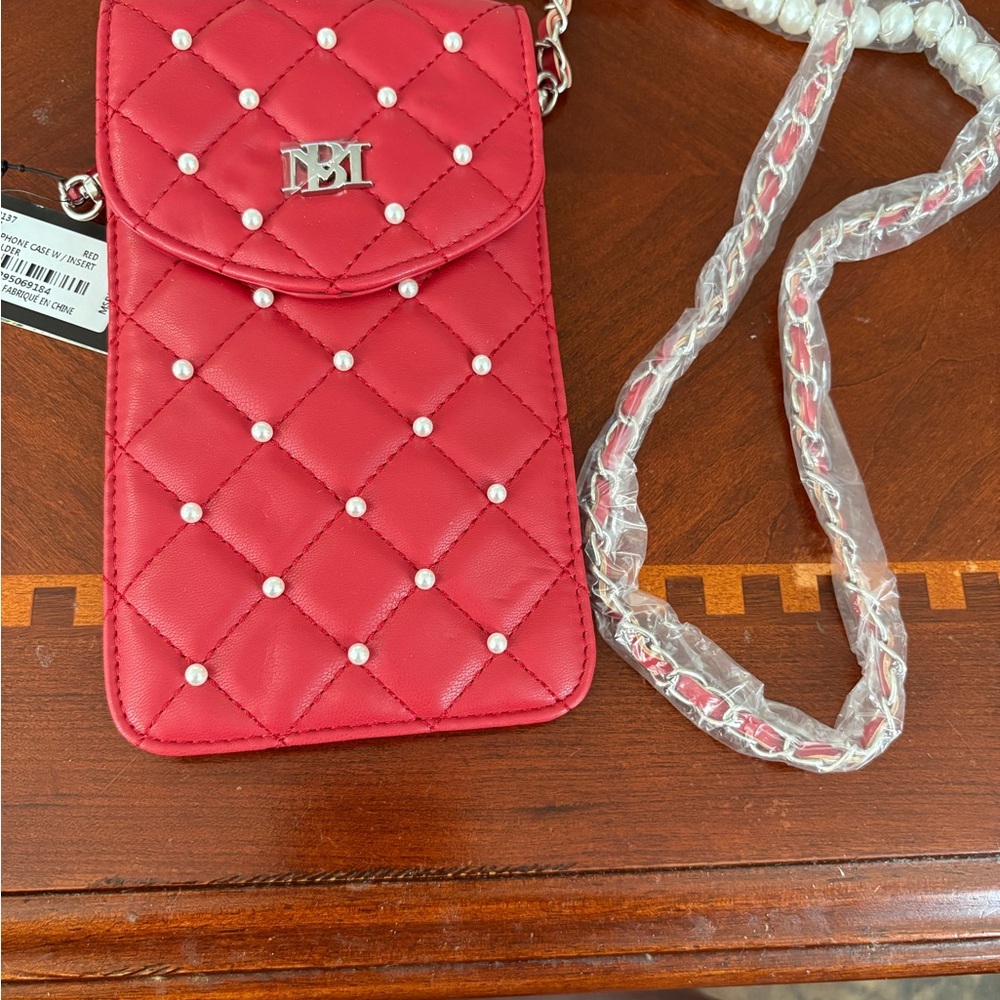 Badgley Mischka Red Quilted Crossbody Phone Wallet.